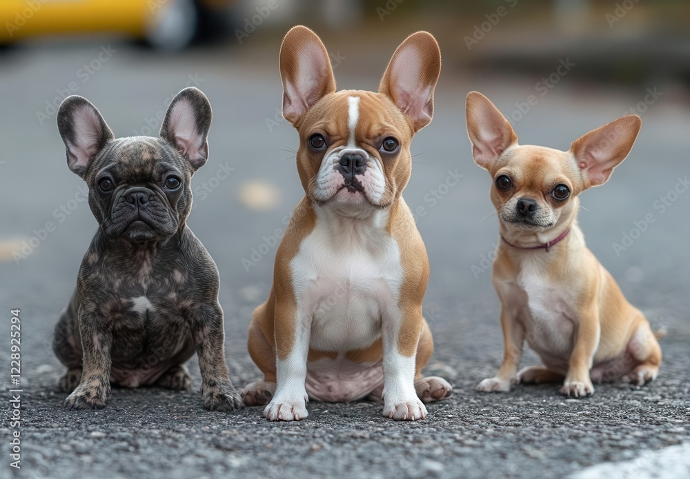 Fototapeta premium A photo of cute French Bulldog puppies with brown and white fur sitting on the street, next to two Chihuahua dogs, copy space for text