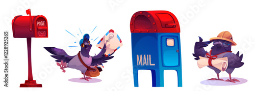 Carrier pigeon cartoon characters with mailbox set - comic grey bird postman delivering letters envelope and scroll, red residential post box, blue mail drop box. Cute postal service elements.