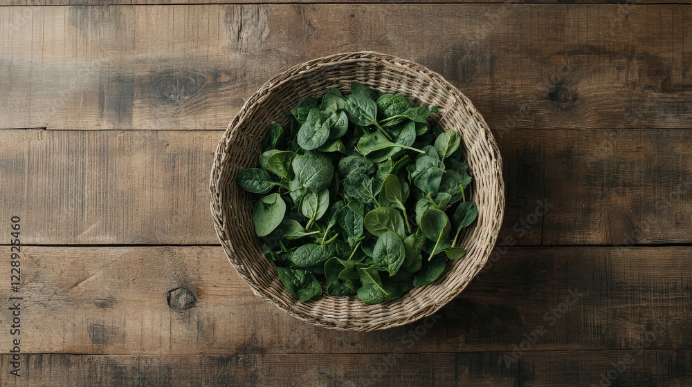 Flat lay of freshly picked spinach leaves arranged in a woven basket on a wooden table Flat lay of freshly picked spinach leaves arranged in a woven basket on a wooden table