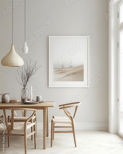 A simple and elegant white poster frame is placed on the wall of an empty dining room, with Scandinavian furniture and pendant lights, copy space for text