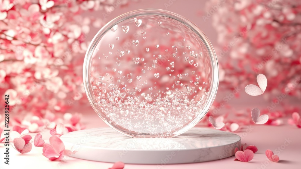 Naklejka premium Decorative snow globe with hearts and cherry blossoms in soft pink tones on a marble base