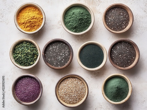 Flat lay of various superfoods, including chia seeds, quinoa, and spirulina powder, displayed in small bowls on a neutral background photo