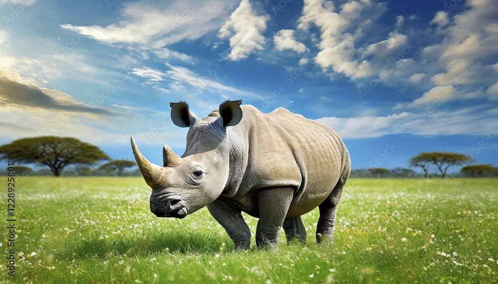 Obraz premium AI generated, animal, animals, mammal, mammals, biotope, habitat, one, individual, foraging, wildlife, rhinoceros, white rhinoceros (Ceratotherium simum), white-lipped rhinoceros, white rhino