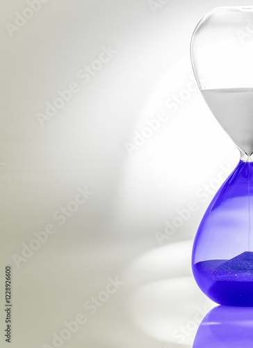 Hourglass with blue sand halfway through, minimalist design with shadows and reflections