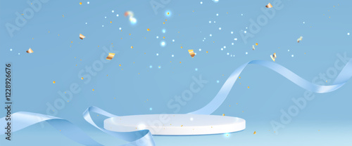 3D white podium with flowing blue silk ribbons and golden confetti on pastel background. Elegant circular platform with shimmering particles and delicate floating streamers for celebration display.