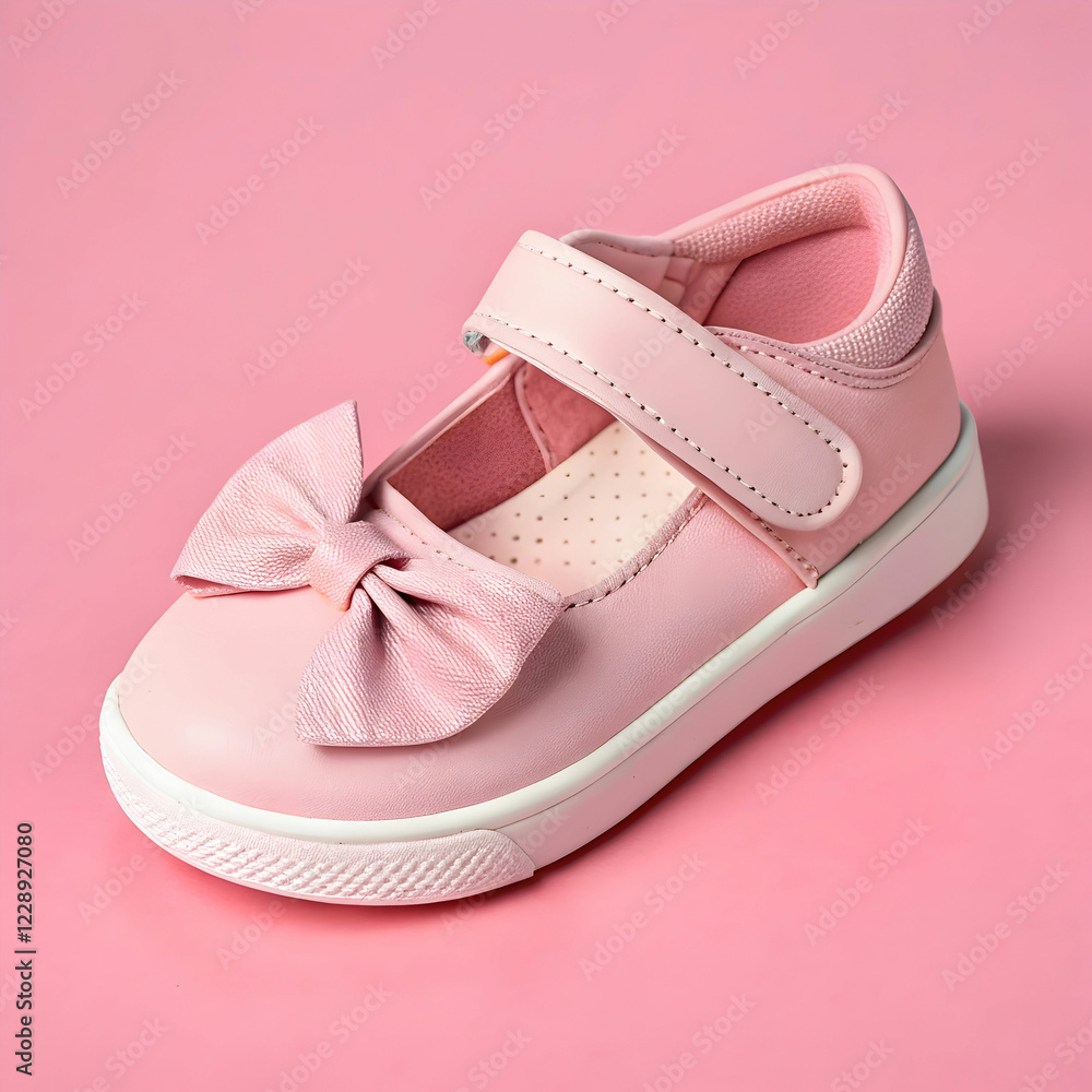 Adorable Steps: Children's Shoe Displayed on a Soft Pink Background Adorable Steps: Children's Shoe Displayed on a Soft Pink Background