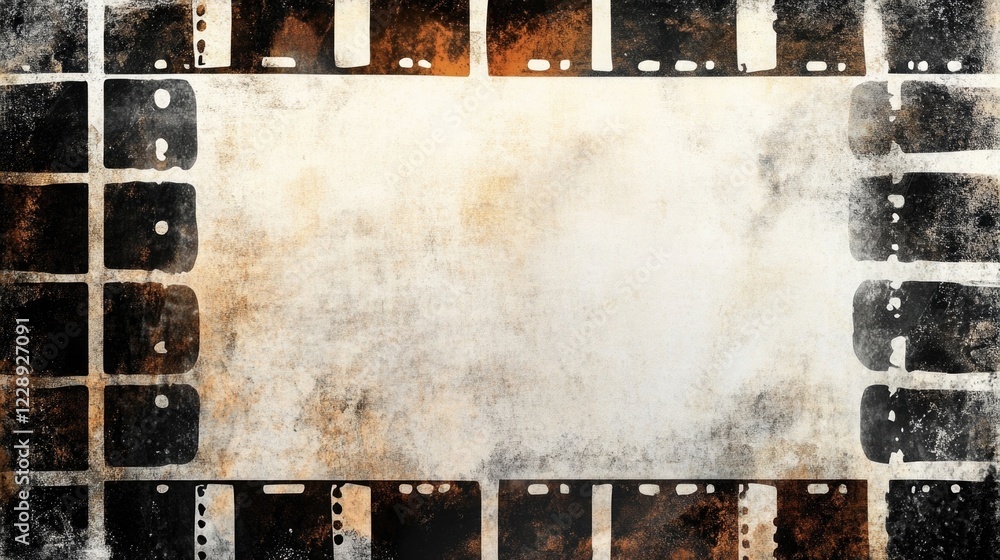 Obraz premium Grunge Film Background: Grunge empty film background with vignette border. Dirty distressed black and white vintage weathered old 8k 16:9 template.