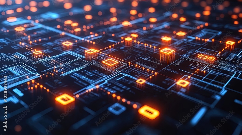 Blockchain technology network with financial symbols embedded in glowing blocks Blockchain technology network with financial symbols embedded in glowing blocks