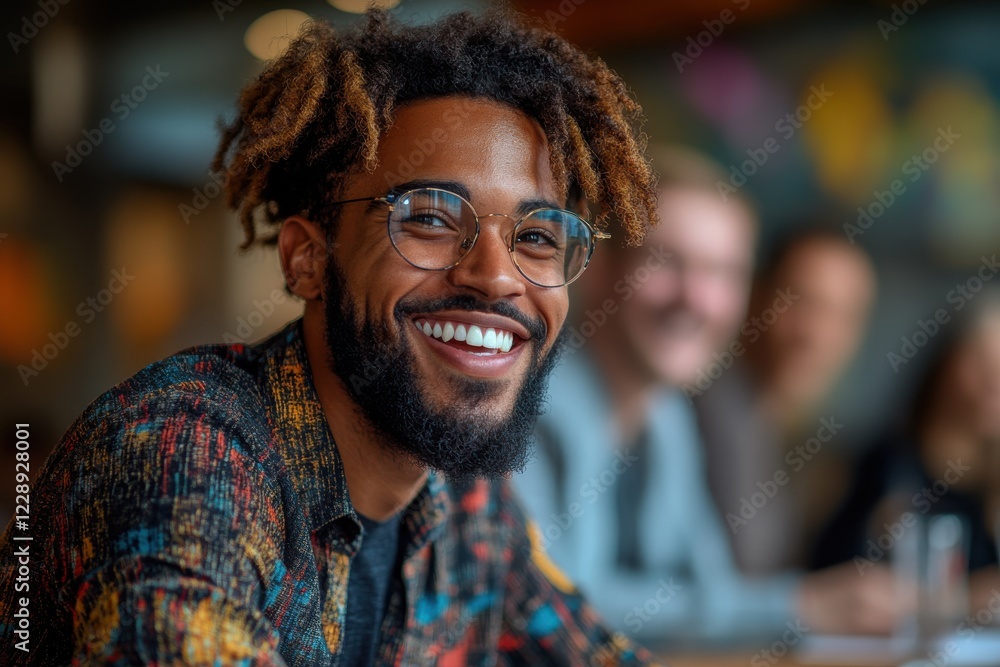 United Kingdom laughing while discussing financial graphs during a team meeting.