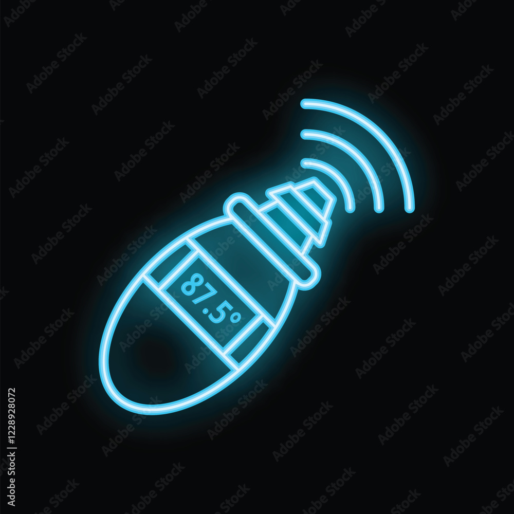 Neon medical icon of a smart electronic thermometer measuring a high fever with radio waves Neon medical icon of a smart electronic thermometer measuring a high fever with radio waves