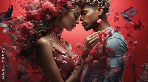 Wallpaper Mural Love-filled moment of couple holding each other's faces, vibrant red and pink colors: Dreamlike Surreal Valentines Day Collages Torontodigital.ca