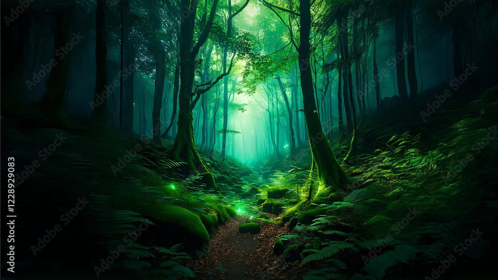 Fototapeta premium Mystical Enchanted Forest with Glowing Fireflies – A Magical Green Wonderland