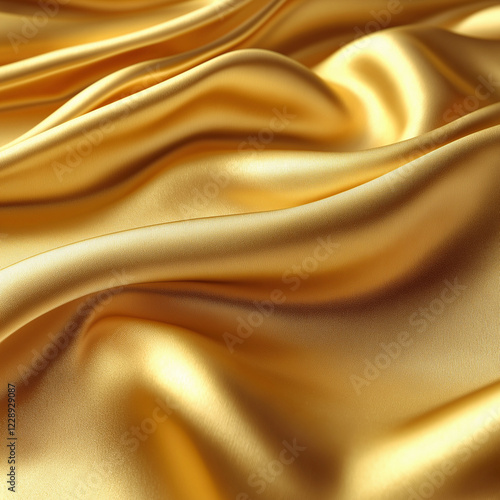 Exquisite gold silk satin material with smooth wavy texture