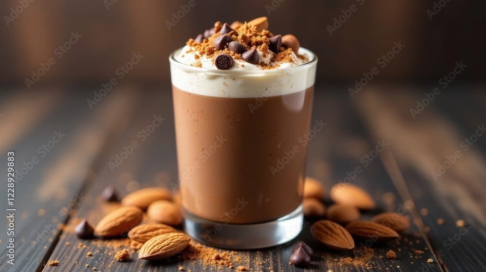 A decadent chocolate almond beverage, topped with whipped cream and cookie crumbs, rests on a rustic wooden surface, surrounded by scattered almonds and chocolate shavings. A decadent chocolate almond beverage, topped with whipped cream and cookie crumbs, rests on a rustic wooden surface, surrounded by scattered almonds and chocolate shavings.