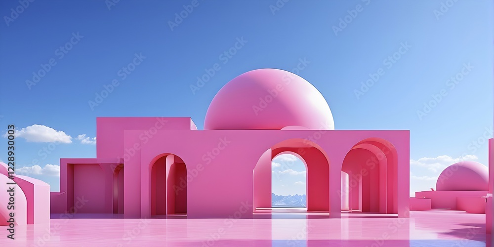 Pink toned minimalist architecture in 3d render against surreal backdrop, AI generated Pink toned minimalist architecture in 3d render against surreal backdrop, AI generated