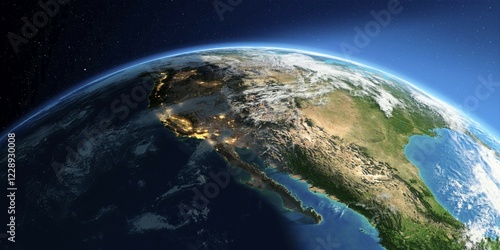 Fototapeta Naklejka Na Ścianę i Meble -  Highly detailed Earth with atmosphere, exaggerated relief and light-flooded cities. Transition from night to day. Gulf of California, Mexico and the western U.S. states. 3D rendering. Elements of this image furnished by NASA