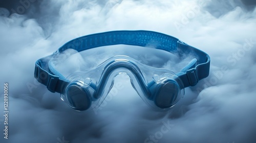safety goggles in a dramatic scene with dry ice smoke. the goggles are blue and clear, creating a sense of mystery and intrigue. they are essential for protecting the eyes from harm