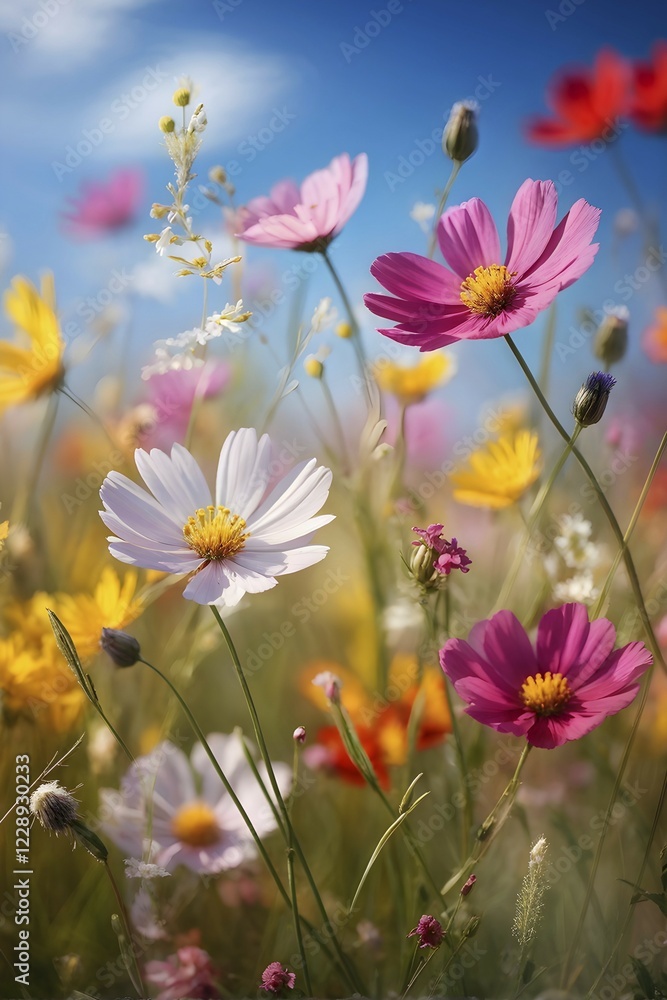 Wildflowers in a meadow, with a soft breeze slightly moving the petals, creating a serene and lively atmosphere, AI generated Wildflowers in a meadow, with a soft breeze slightly moving the petals, creating a serene and lively atmosphere, AI generated