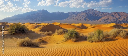 Fototapeta Naklejka Na Ścianę i Meble -  Bright desert scene with orange sand dunes, scattered vegetation, and clear blue sky, AI generated
