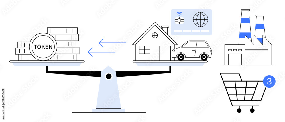 Obraz premium Balance scale weighs token stacks against house and car. Arrows indicate exchange. Factory and shopping cart with 3 notifications. Ideal for finance, economy, real estate, cryptocurrency