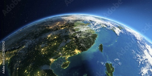 Fototapeta Naklejka Na Ścianę i Meble -  Highly detailed Earth with atmosphere, exaggerated relief and light-flooded cities. Transition from night to day. Eastern China and Taiwan. 3D rendering. Elements of this image furnished by NASA