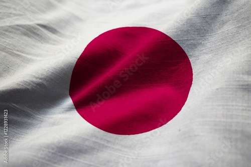 Closeup of Ruffled Japan Flag, Japan Flag Blowing in Wind photo