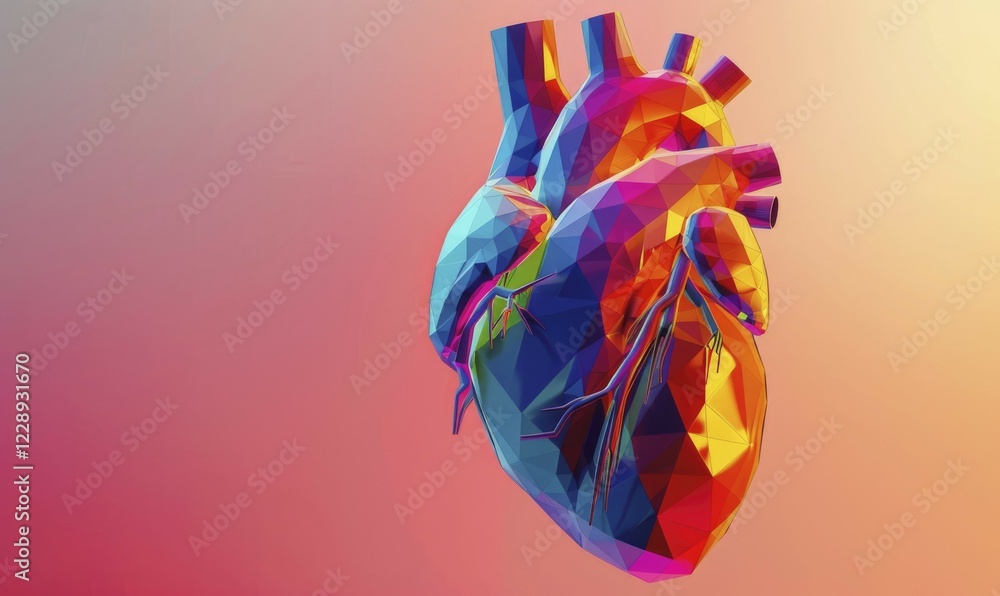 Obraz premium Low poly style illustration of a human heart on pink background AI generated
