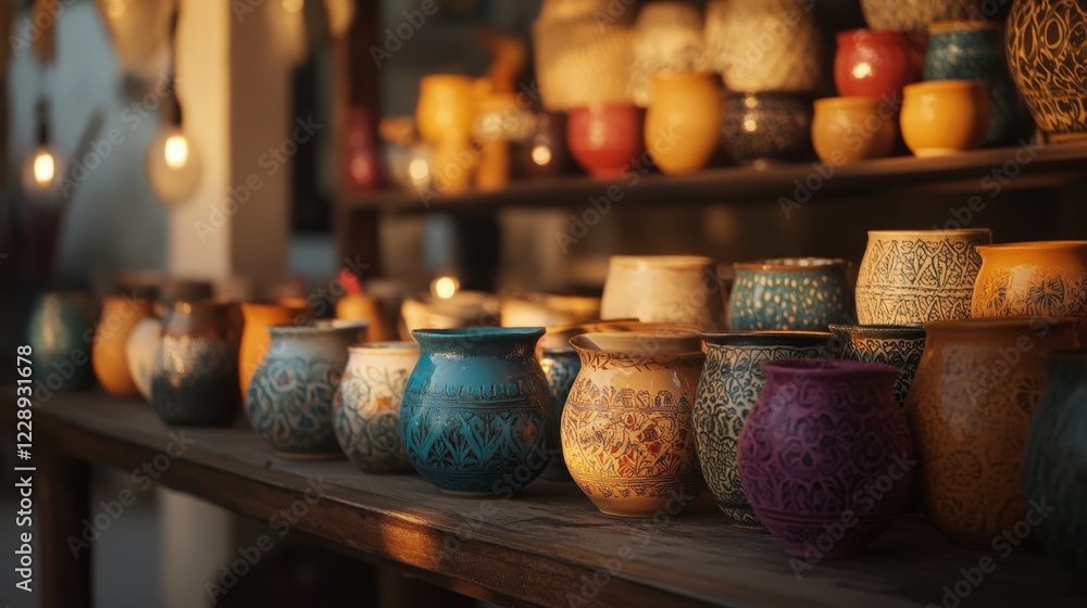 A vibrant collection of handcrafted pottery in various colors and patterns, beautifully arranged on wooden shelves in a cozy market setting. A vibrant collection of handcrafted pottery in various colors and patterns, beautifully arranged on wooden shelves in a cozy market setting.