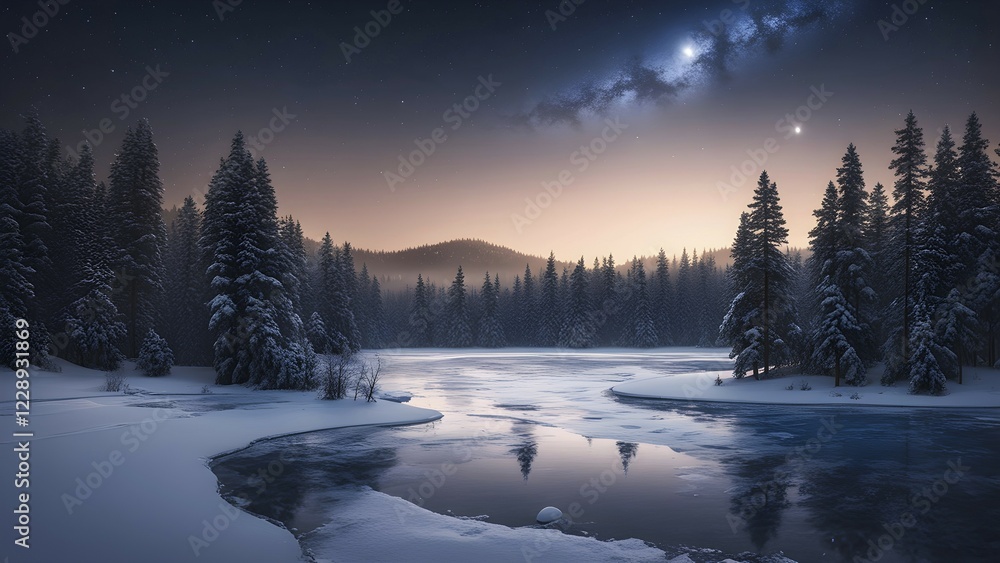 Tranquil winter night scene with a crescent moon and stars shining brightly over a frozen lake, with a line of snow-covered pine trees reflected in the lake, AI generated Tranquil winter night scene with a crescent moon and stars shining brightly over a frozen lake, with a line of snow-covered pine trees reflected in the lake, AI generated