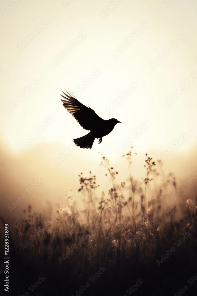 Fototapeta premium Silhouette of a Bird in Flight at Sunset