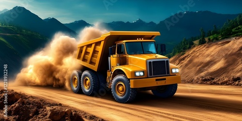 A yellow dump truck driving on a dirt road, kicking up dust with mountains in the background. Concept Yellow Dump Truck, Dirt Road Adventure, Dust Kick-Up, Mountain Backdrop, Off-Roading Experience photo