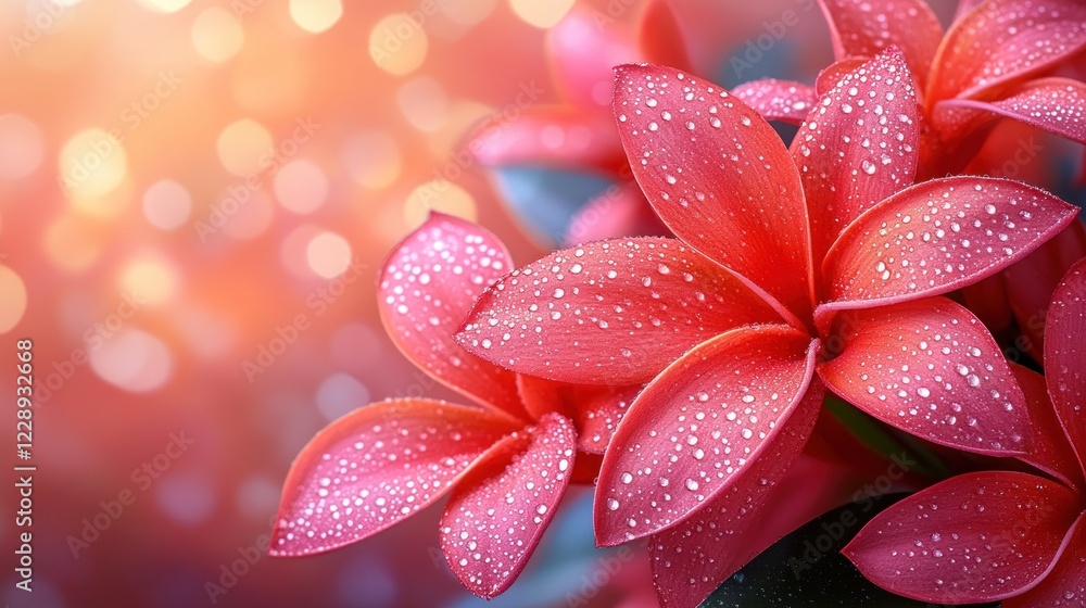 Dewy Pink Flowers, Bokeh Background, Close-up, Tropical Dewy Pink Flowers, Bokeh Background, Close-up, Tropical