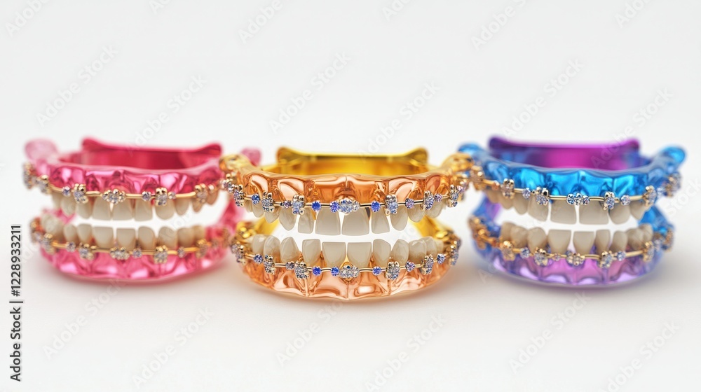 A high-resolution photo of smiling teeth with multi-colored elastics on metal braces, set against white. A high-resolution photo of smiling teeth with multi-colored elastics on metal braces, set against white.