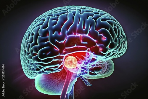 Schematic representation of the human brain with a benign pituitary adenoma, brain tumour, Ai generated photo