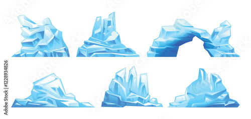 Set of icebergs with various shapes, drifting glacier. South and North Pole. Vector cartoon illustration