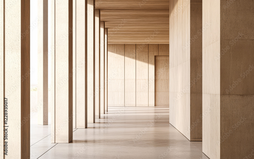 Elegant modern architecture featuring wooden beams and smooth concrete walls in a spacious corridor Elegant modern architecture featuring wooden beams and smooth concrete walls in a spacious corridor