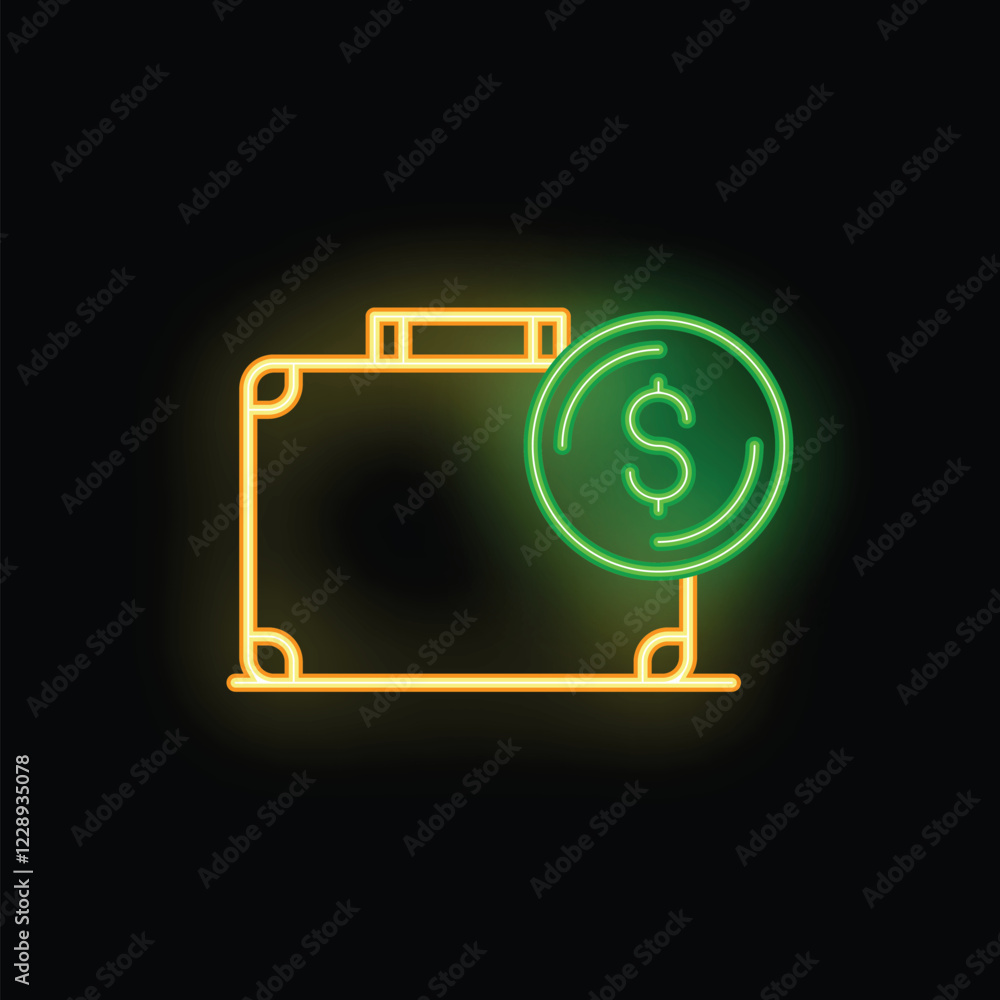 Neon green dollar sign glowing brightly over a classic briefcase icon in yellow on a black background Neon green dollar sign glowing brightly over a classic briefcase icon in yellow on a black background