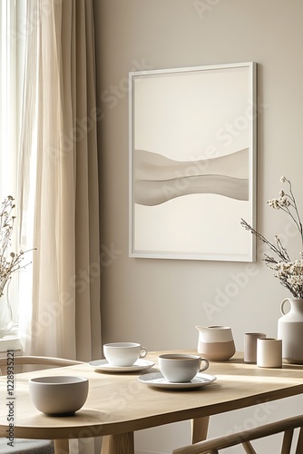 Minimalist beige abstract art print in a light and airy dining room setting.