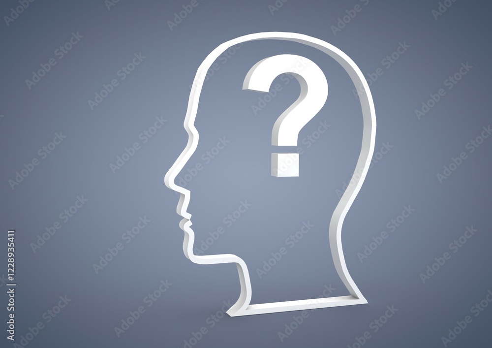 Head with a question mark symbol, symbolic image for questions or problems, 3D illustration Head with a question mark symbol, symbolic image for questions or problems, 3D illustration