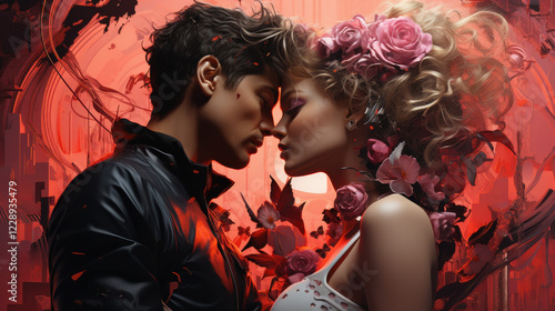 Wallpaper Mural Love-filled moment of couple holding each other's faces, vibrant red and pink colors: Dreamlike Surreal Valentines Day Collages Torontodigital.ca