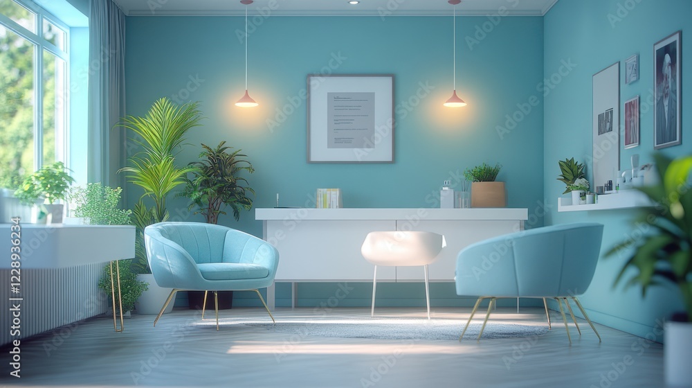 Modern teal waiting room with armchairs, plants, and sunlight. Modern teal waiting room with armchairs, plants, and sunlight.