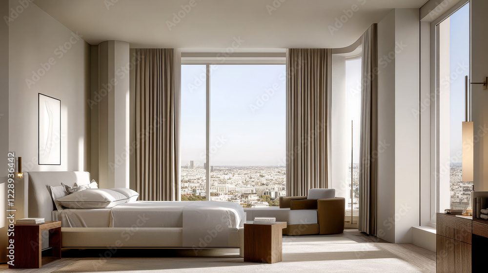 Fototapeta premium Modern bedroom with city view and natural light in bright minimalist design