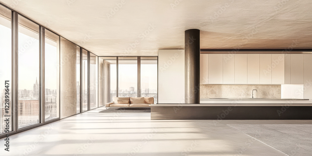 Fototapeta premium Modern open-plan living area with large windows and minimalist design in urban setting
