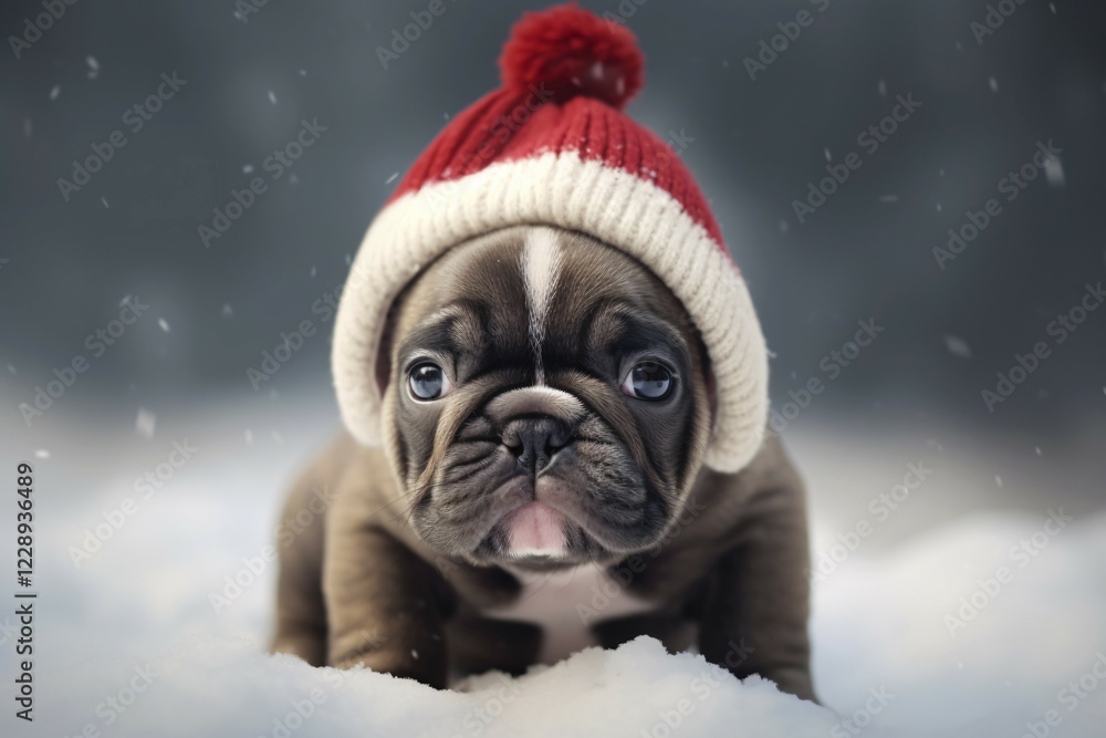 Young Fernch Bulldogd og puppy with red and white knitted winter hat in snow. KI generiert, generiert AI generated Young Fernch Bulldogd og puppy with red and white knitted winter hat in snow. KI generiert, generiert AI generated