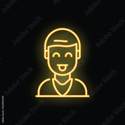 Playful neon icon of a man with his tongue sticking out, glowing yellow on a black background