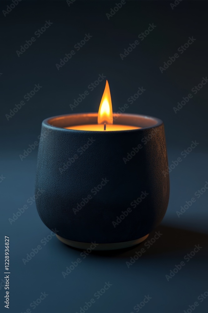 A candle is lit in a black ceramic cup. The candle is the only light in the room A candle is lit in a black ceramic cup. The candle is the only light in the room