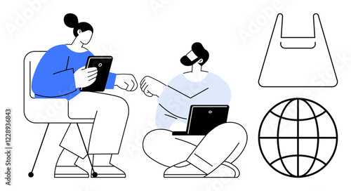 Two people working together using tablets and laptops, symbolizing teamwork and modern communication. Ideal for themes thumbs up remote work, global connectivity, technology, business, cooperation