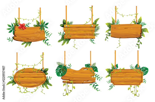 Set of hanging wooden signs with tropical foliage and vines, with a floral touch. Vector cartoon illustration
