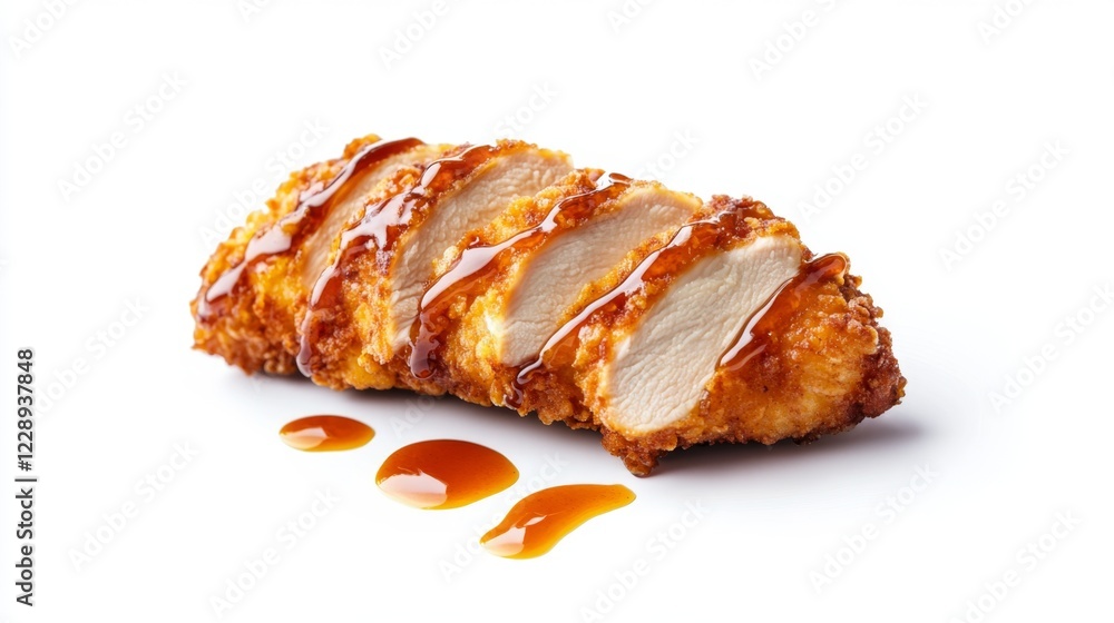 Crispy Fried Chicken Breast with Drizzled Sauce on White Background Crispy Fried Chicken Breast with Drizzled Sauce on White Background