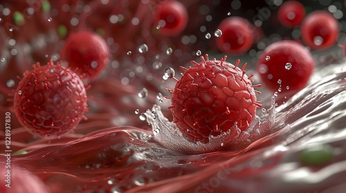 A 3D rendering of virus cells interacting with red blood cells in a splash effect, AI generated photo